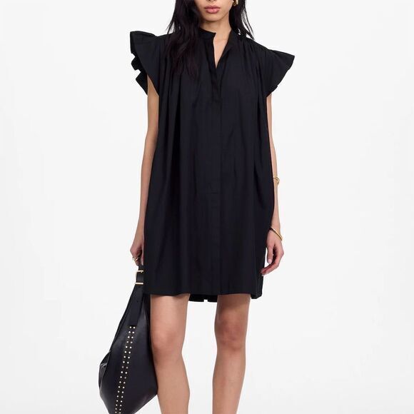 Nwt Madewell Women's Flutter Sleeve Button-Front Mini Dress Poplin Black Size M
